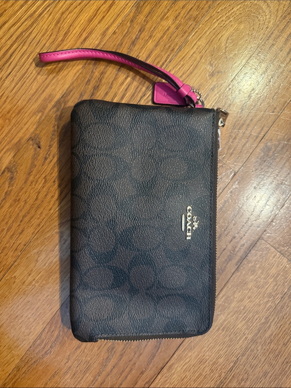 Coach Dark Brown Signature Zip Wristlet with Pink Strap